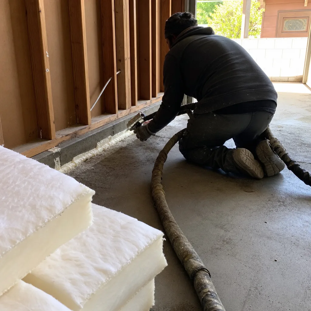 contractor applying spray foam insulation during a professional garage conversion