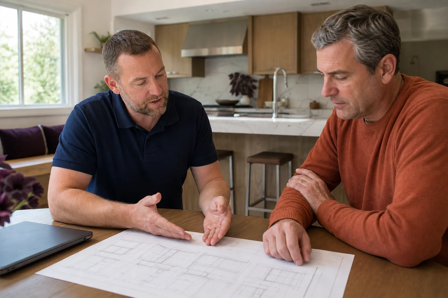 A project lead going over permit drawings with a homeowner